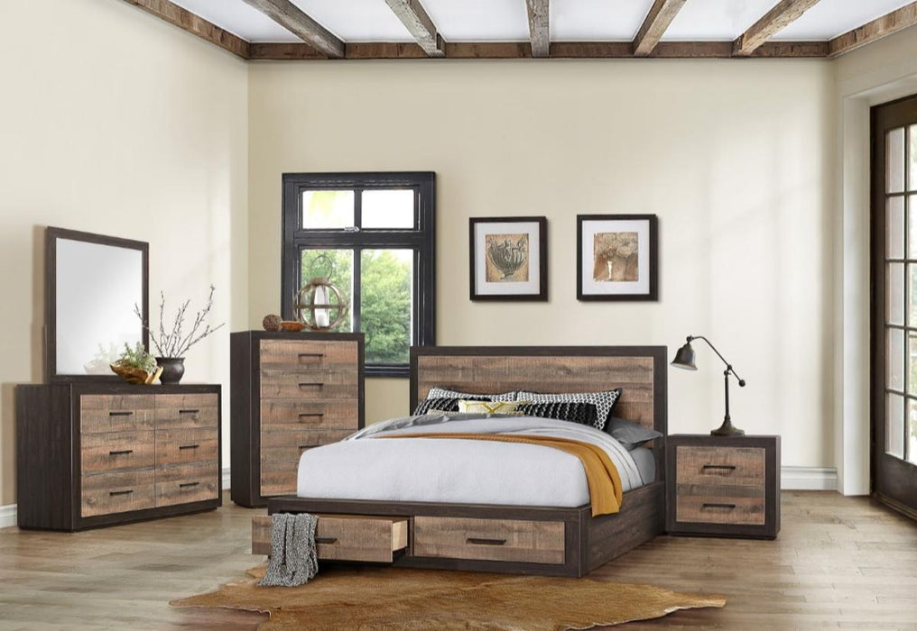 Miter Queen Platform Bed with Footboard Storage in Rustin Mahogany & Dark Ebony 1762-1